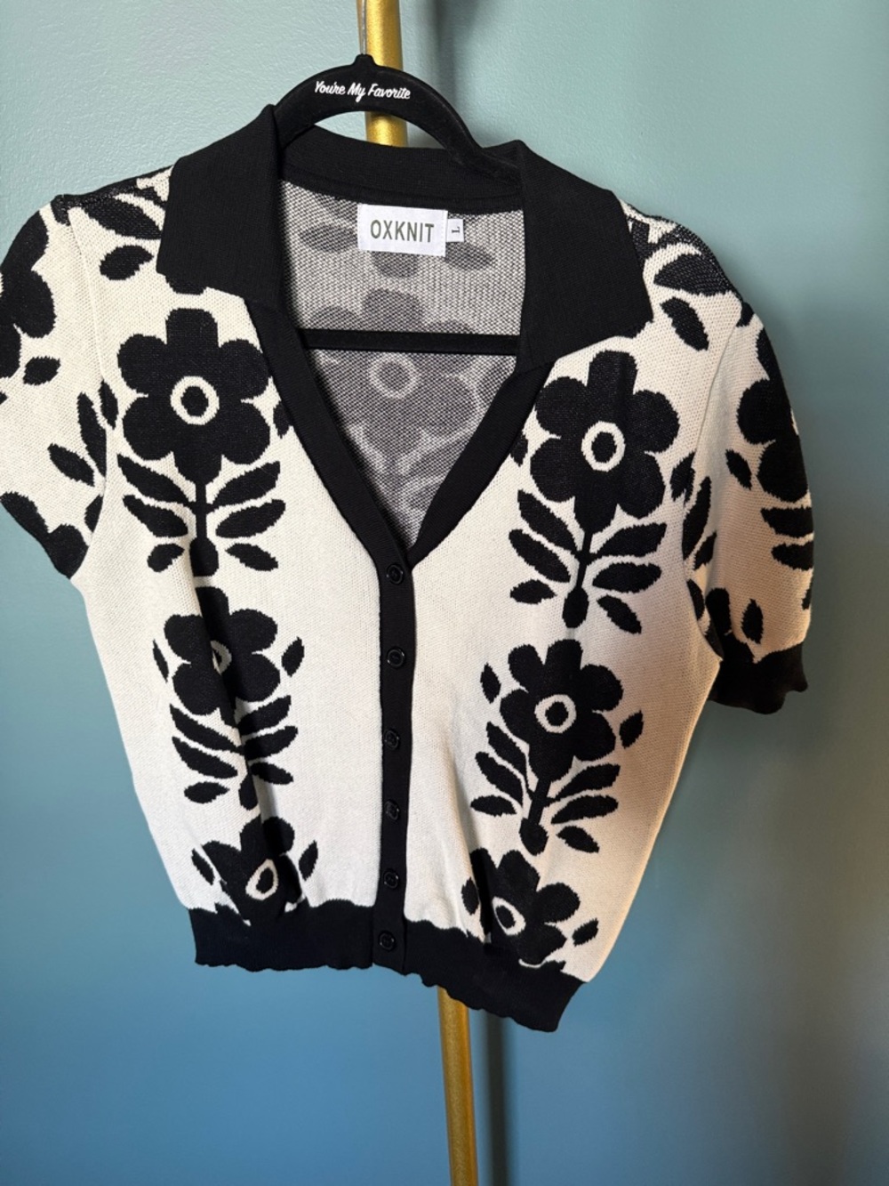 OXknit Black & White Floral Vintage Style Collared Knit Sweater NWOT